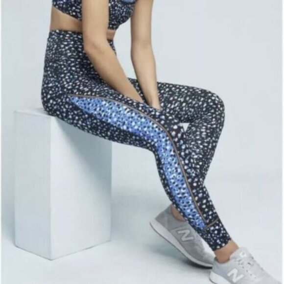 BEYOND YODA Lux Droplets Leggings High Rise L Blue Black Polka Dots Ladder Trim - Picture 1 of 8